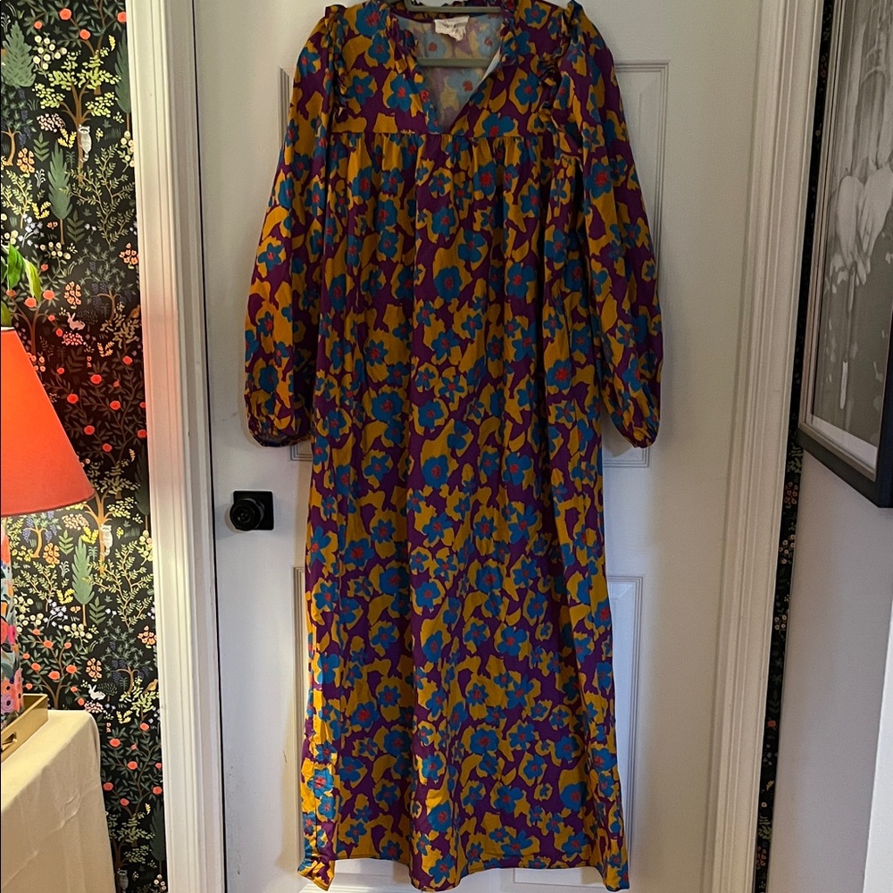 Vibrant Floral Midi Dress in Mustard, Teal & Purple